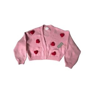 Luna Ivy Pink Heart Knit Cropped Cardigan Sweater NWT Size S